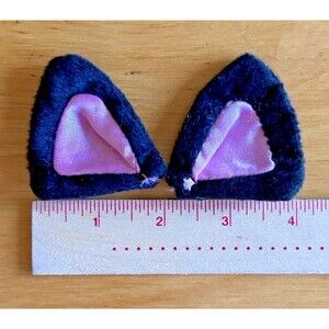 Black Cat Ear Hair Clips - Furry Exterior with Pink Inner Ear and Metal Clips